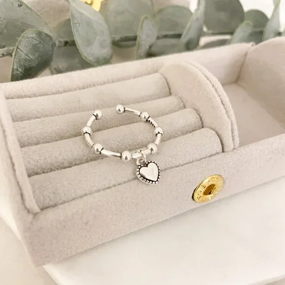 925 Sterling Silver Minimalist Ring Dainty Ring Dangle Heart Ring - Picture 8 of 8